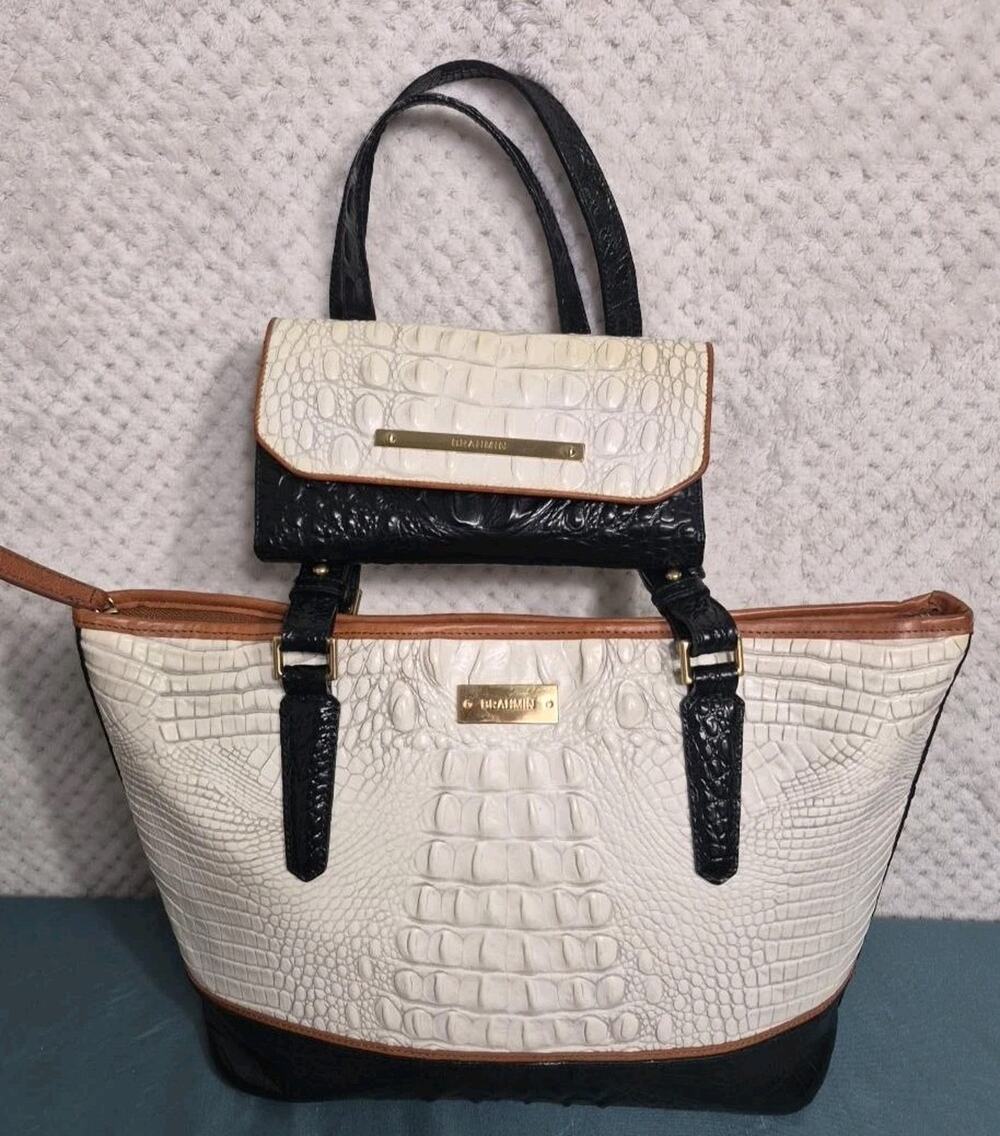 Brahmin Croc Embossed Tote Handbag Matching Wallet Cream Black Brown Leather